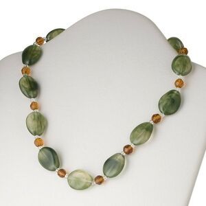 Handcrafted Olive Green Amber Orange Acrylic and Glass Beads Necklace